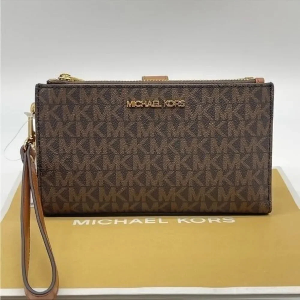 Michael Kors Large Double Zip Wallet Wristlet Leather Rich Brown